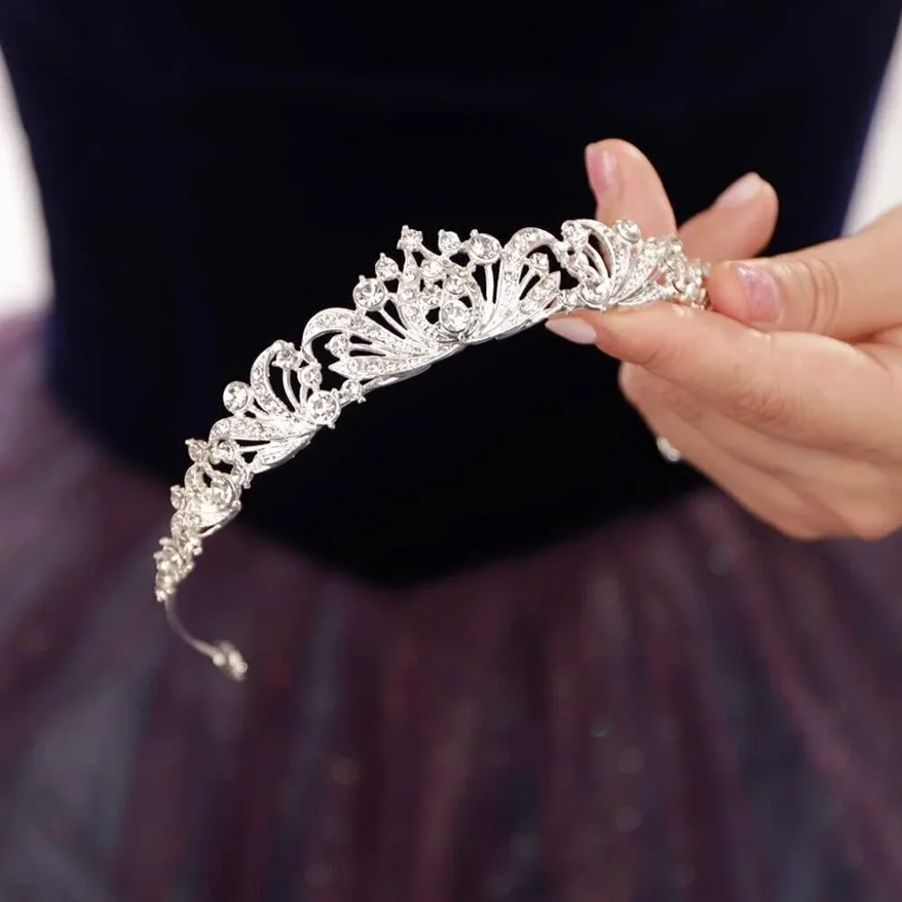Silver Crystal Tiara Crown - Elegant Women's Hair Accessory